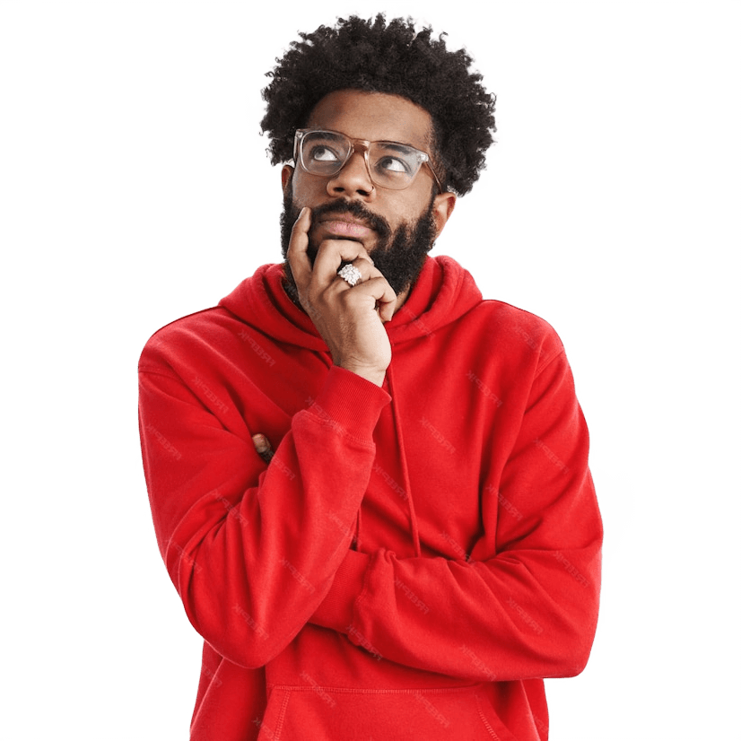 creative african american bearded guy with afro hairstyle glasses red hoodie creating new song standing thoughtful pose touching chin looking dreamy focused upper right corner thinking 1298691 27658 1 1