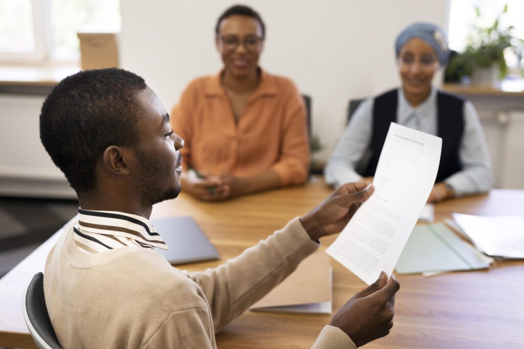 man holding contract his new office job after interview